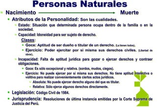 Personas Naturales
 Nacimiento Muerte
 Atributos de la Personalidad: Son las cualidades.
 Estado: Situación que determinada persona ocupa dentro de la familia o en la
sociedad.
 Capacidad: Idoneidad para ser sujeto de derecho.
Clases:
 Goce: Aptitud de ser dueño o titular de un derecho. (La tienen todos).
 Ejercicio: Poder ejercitar por sí misma sus derechos civiles. (Libertad de
obrar).
 Incapacidad: Falta de aptitud jurídica para gozar o ejercer derechos y contraer
obligaciones.
 Goce: Es sólo excepcional y relativa. (sordos, mudos, ciegos).
 Ejercicio: No puede ejercer por sí misma sus derechos. No tiene aptitud intelectiva o
volitiva para realizar convenientemente ciertos actos jurídicos.
 Absoluta: No puede ejercer derecho alguno del que es titular.
 Relativa: Sólo ejerce algunos derechos directamente.
 Legislación: Código Civil de 1984.
 Jurisprudencia: Resoluciones de última instancia emitidas por la Corte Suprema de
Justicia del Perú.
 