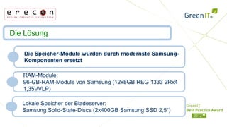 Die Lösung

   Die Speicher-Module wurden durch modernste Samsung-
   Komponenten ersetzt

   RAM-Module:
   96-GB-RAM-Module von Samsung (12x8GB REG 1333 2Rx4
   1,35VVLP)

   Lokale Speicher der Bladeserver:
   Samsung Solid-State-Discs (2x400GB Samsung SSD 2,5“)
 