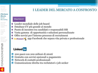 Leader mondiale delle job board
Database CV più grande al mondo
Punto di incontro tra candidati e responsabili HR
Vasta gamma di opportunità e soluzioni personalizzate
Offre servizi per l’interno processo di recruitment
app Facebook che separa vita privata e professionale
200 paesi con 200 milioni di utenti
Gratuito con servizi opzionali a pagamento
Network di contatti professionali
Comunicazione diretta tra reclutatori e job seeker
I LEADER DEL MERCATO A CONFRONTO
Erminia
Lo Conti
Nascita ed
evoluzione
Floriano
Riccio
Social
Recruiting
Riccardo
Samorè
Vant/Svant
TESCO
Daniele
Frigerio
EASA
SAP
Giancarlo
Raineri
Allianz-SAP
Trenitalia
 
