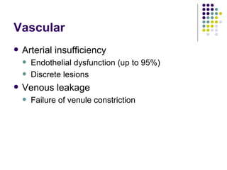 Vascular Arterial insufficiency Endothelial dysfunction (up to 95%) Discrete lesions Venous leakage Failure of venule constriction 
