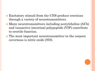  Excitatory stimuli from the CNS produce erections
  through a variety of neurotransmitters.
 Many neurotransmitters including acetylcholine (ACh)
  and vasoactive intestinal polypeptide (VIP) contribute
  to erectile function.
 The most important neurotransmitter in the corpora
  cavernosa is nitric oxide (NO).
 