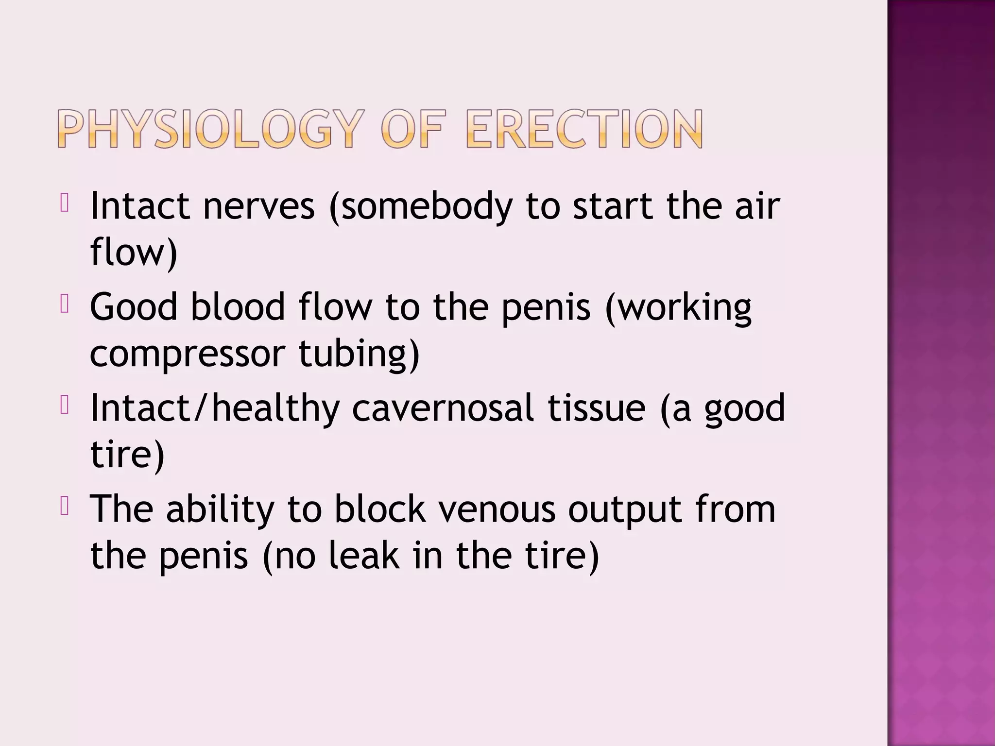  Intact nerves (somebody to start the air
flow)
 Good blood flow to the penis (working
compressor tubing)
 Intact/healthy cavernosal tissue (a good
tire)
 The ability to block venous output from
the penis (no leak in the tire)
 
