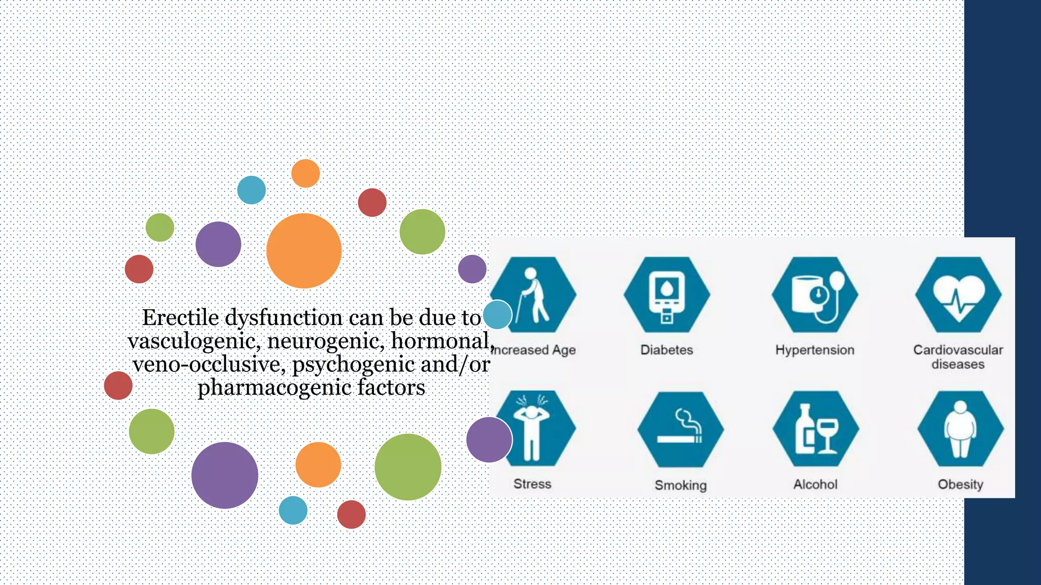 Erectile dysfunction can be due to
vasculogenic, neurogenic, hormonal,
veno-occlusive, psychogenic and/or
pharmacogenic factors
 