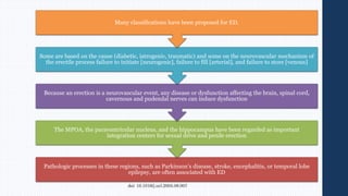 Pathologic processes in these regions, such as Parkinson’s disease, stroke, encephalitis, or temporal lobe
epilepsy, are often associated with ED
The MPOA, the paraventricular nucleus, and the hippocampus have been regarded as important
integration centers for sexual drive and penile erection
Because an erection is a neurovascular event, any disease or dysfunction affecting the brain, spinal cord,
cavernous and pudendal nerves can induce dysfunction
Some are based on the cause (diabetic, iatrogenic, traumatic) and some on the neurovascular mechanism of
the erectile process failure to initiate [neurogenic], failure to fill [arterial], and failure to store [venous]
Many classifications have been proposed for ED.
doi: 10.1016/j.ucl.2005.08.007
 