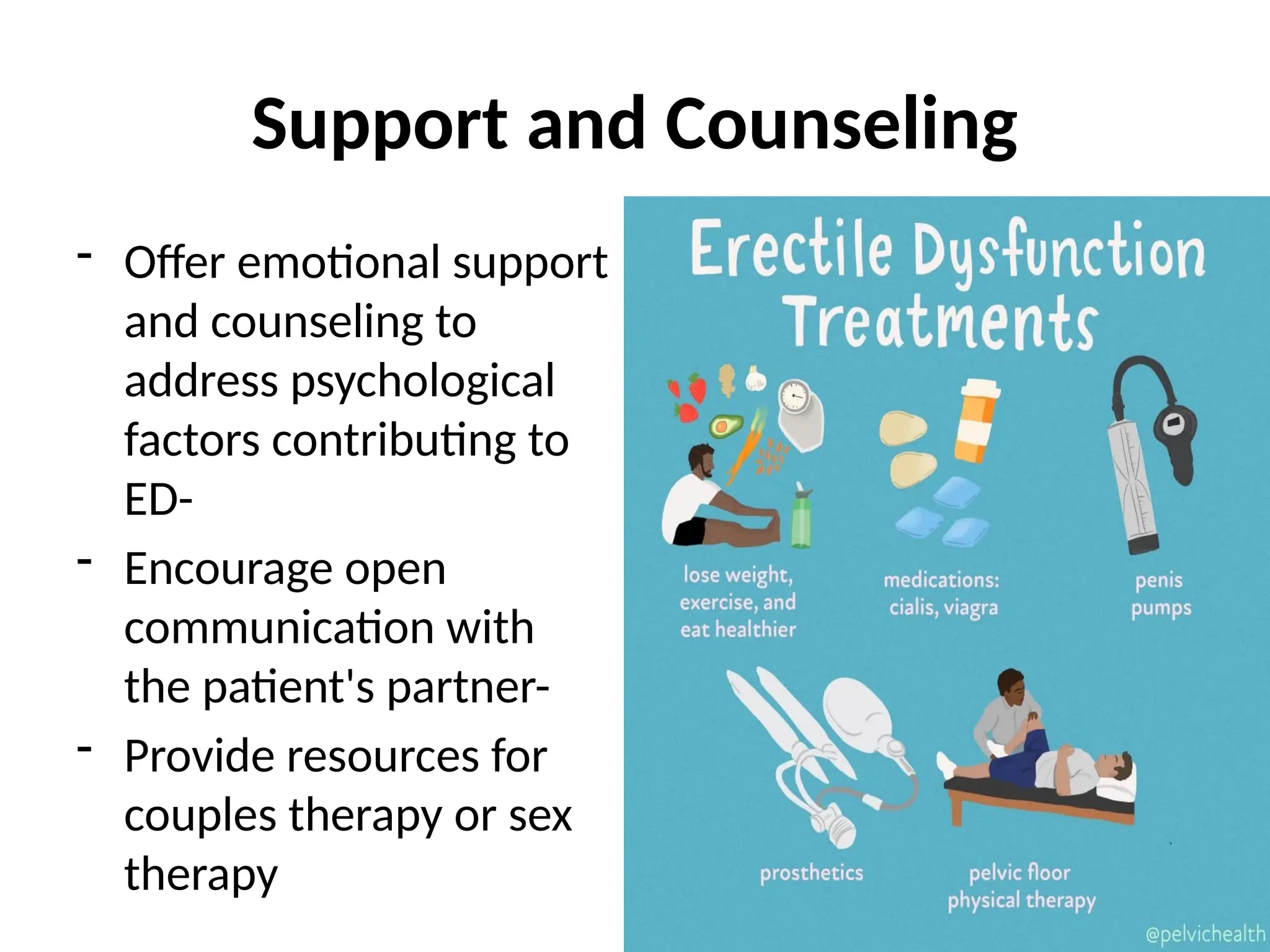 Support and Counseling
- Offer emotional support
and counseling to
address psychological
factors contributing to
ED-
- Encourage open
communication with
the patient's partner-
- Provide resources for
couples therapy or sex
therapy
 