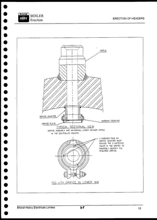 ERECTION OF HEADERS
MARMAN COUPLING
TYPICAI SECTIONAL VIEW
ORIFICE ASSEMBLY ANO WATER WALL LOWER HEADER NIPPLE
IN THE CONTROLLED BOILERS
3 INDEXING PINS ON
ORIFICE ADAPTER MUST
ENGAGE THE 3 MATCHING
HOLES IN THE ORIFICE TO
PROPERLY IDENTIFY THE
REQUIRED ORIFICE.
E I O : - 7 H ORIFICE IN LOWER WW
Bharat Heavy Electricals Limited
 