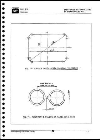 BOILER
Erection
ERECTION OF WATERWALL AND
SH STEAM COOLED WALL
FIG. 5B FURNACE WIDTH/DEPTH/DIAGONAL TOLERANCE
TUBE SPACING *
TUBE DIA + 18 MAX.
1.5 M1N
FIG. 5 C . ALIGNMENTS WELDING OF PANEL EDGE BARS
Bharat Heavy Electricals Limited
 