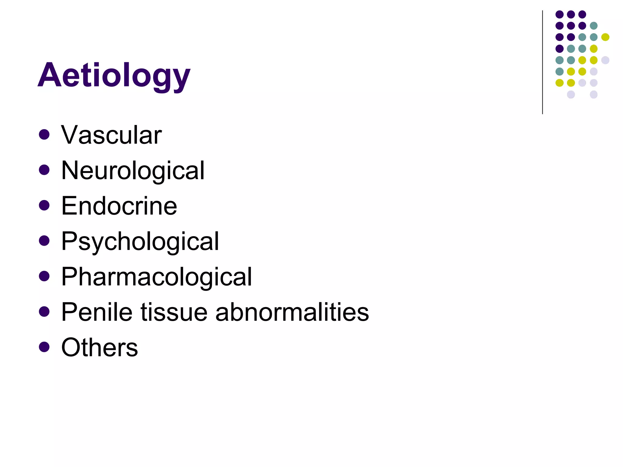 Aetiology Vascular Neurological Endocrine Psychological Pharmacological Penile tissue abnormalities Others 