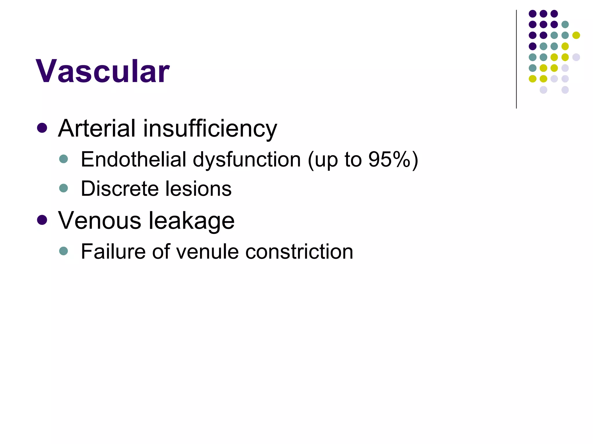 Vascular Arterial insufficiency Endothelial dysfunction (up to 95%) Discrete lesions Venous leakage Failure of venule constriction 