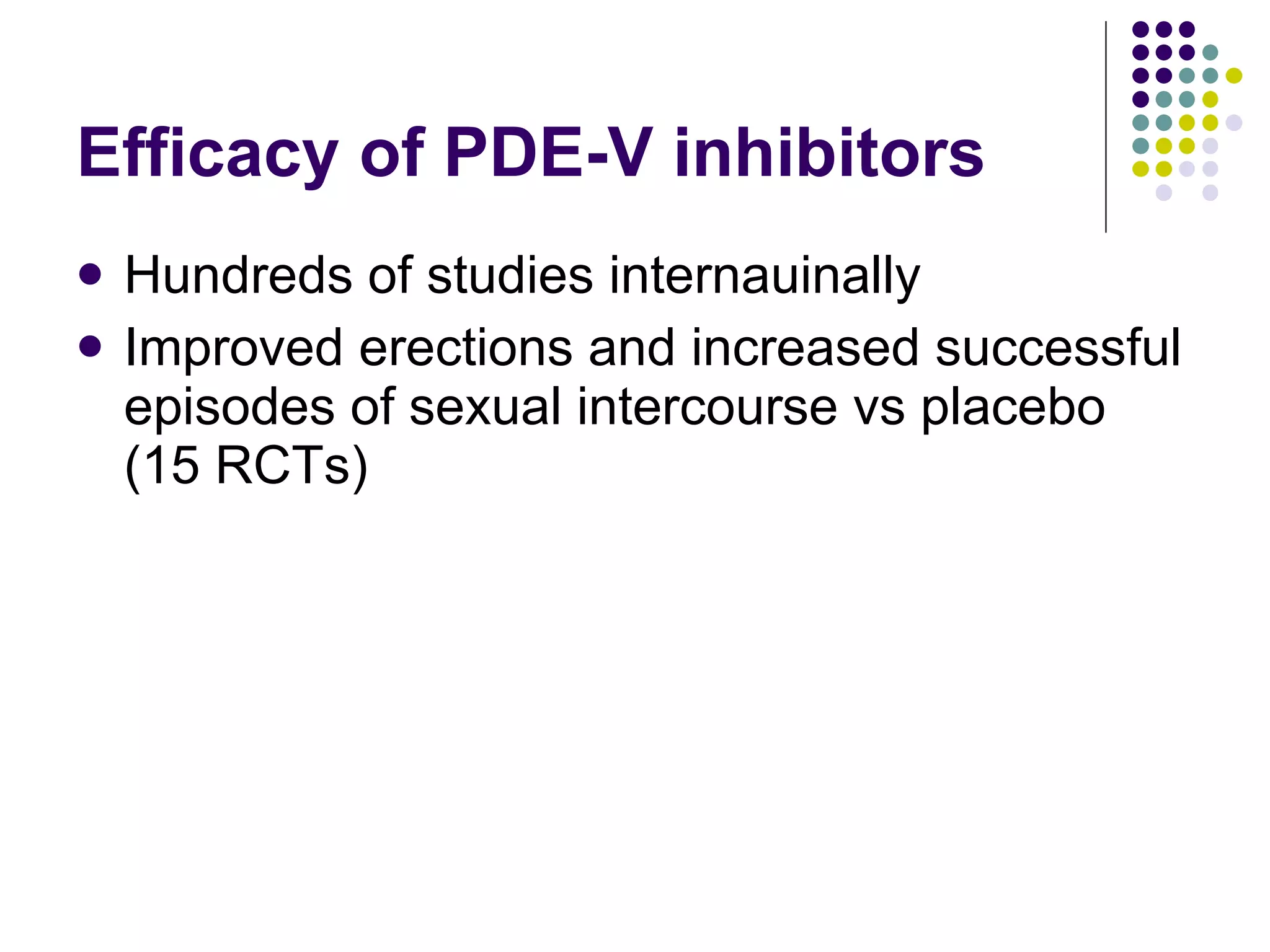 Efficacy of PDE-V inhibitors Hundreds of studies internauinally Improved erections and increased successful episodes of sexual intercourse vs placebo (15 RCTs) 