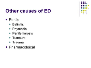 Other causes of ED Penile Balinitis Phymosis Penile finrosis Tumours Trauma Pharmacoloical 