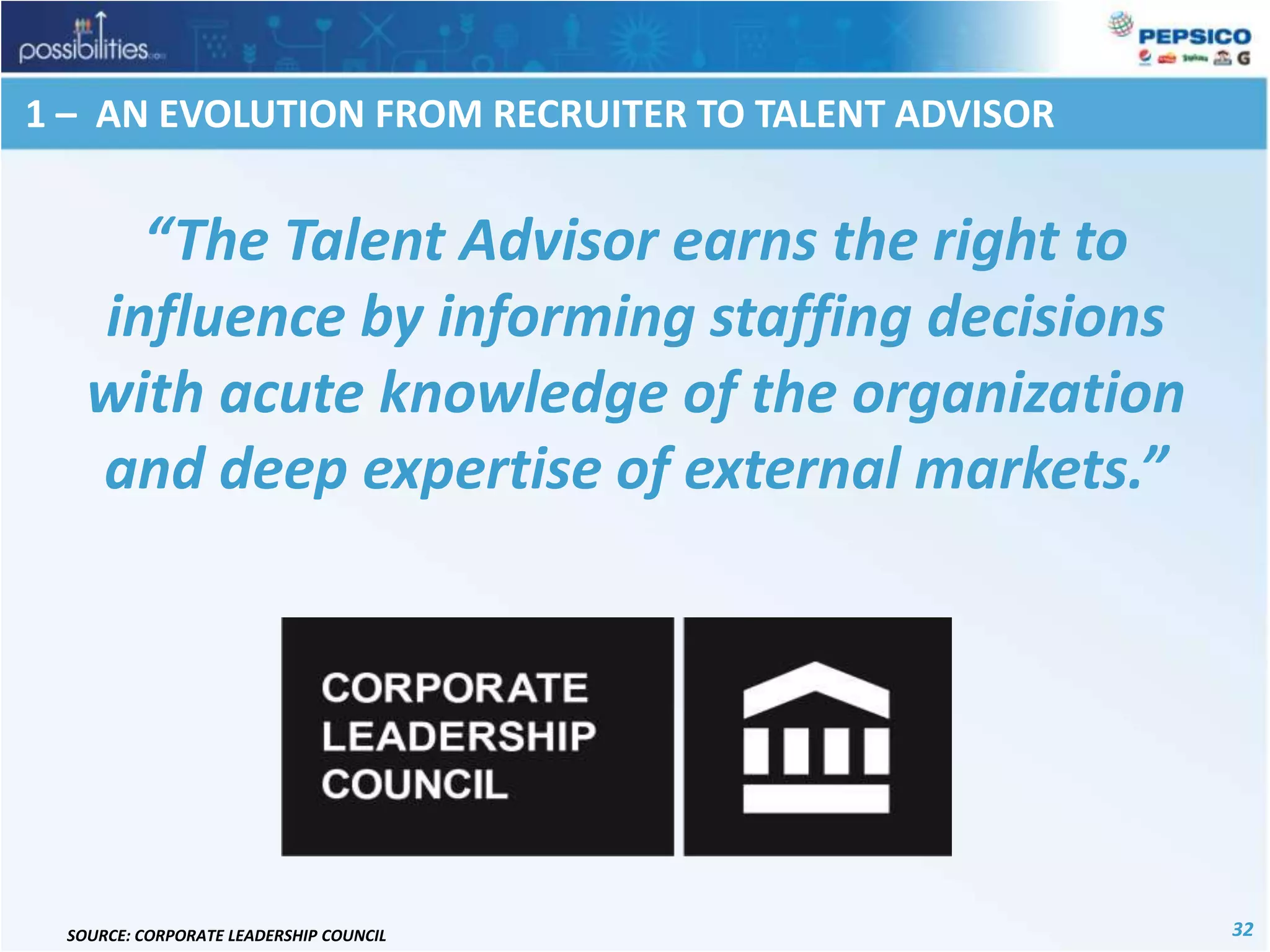 1 –  AN EVOLUTION FROM RECRUITER TO TALENT ADVISOR“The Talent Advisor earns the right to influence by informing staffing decisions with acute knowledge of the organization and deep expertise of external markets.”SOURCE: CORPORATE LEADERSHIP COUNCIL