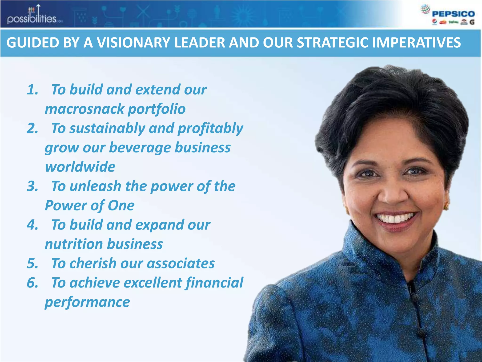 GUIDED BY A VISIONARY LEADER AND OUR STRATEGIC IMPERATIVESTo build and extend our macrosnack portfolioTo sustainably and profitably grow our beverage business worldwideTo unleash the power of the Power of OneTo build and expand our nutrition businessTo cherish our associatesTo achieve excellent financial performance