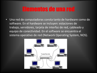 Elementos de una red<br />Una red de computadoras consta tanto de hardware como de software. En el hardware se incluyen: e...