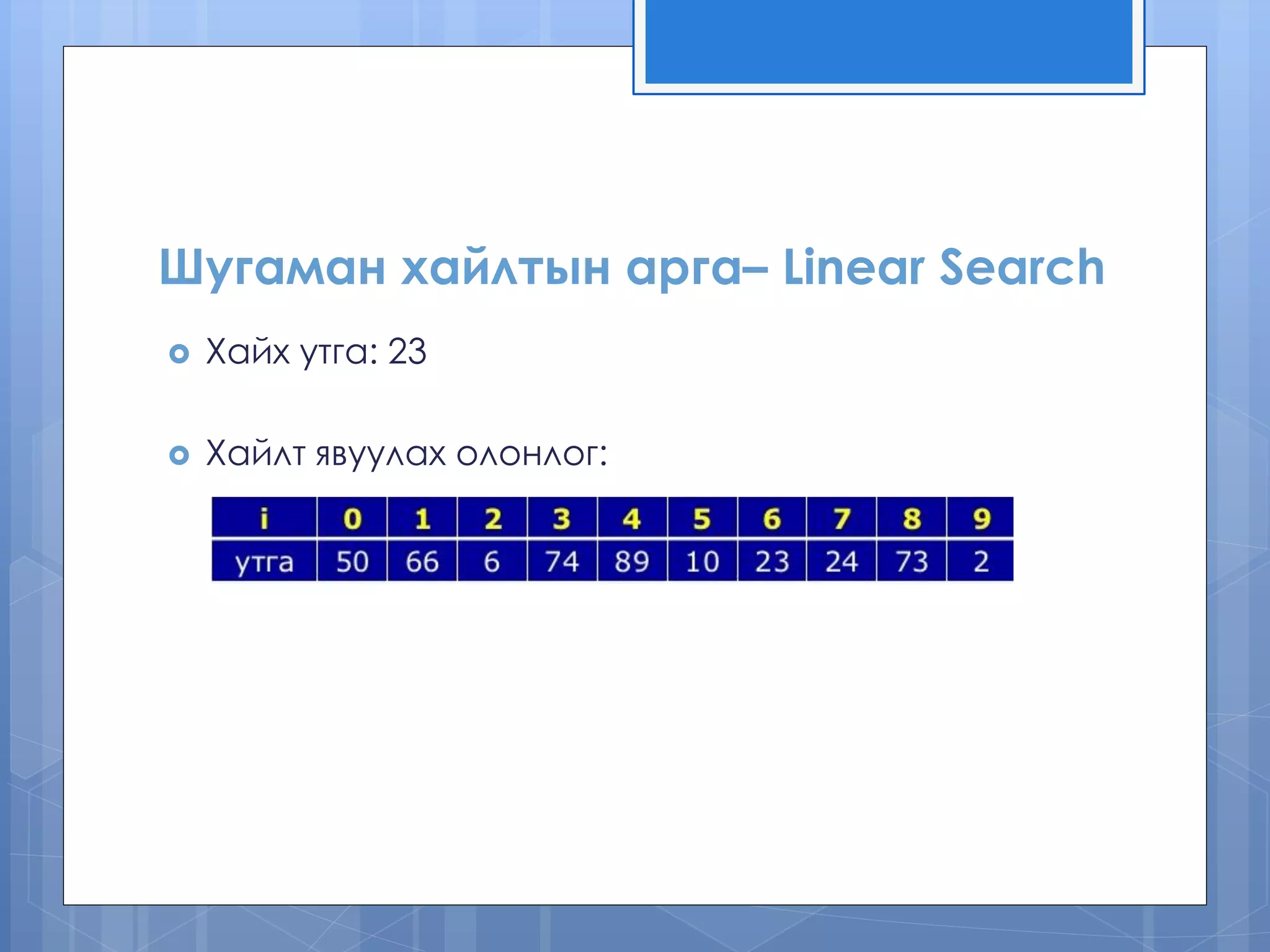 Шугаман хайлтын арга– Linear Search
 Хайх утга: 23
 Хайлт явуулах олонлог:
 