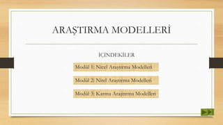 ARAŞTIRMA MODELLERİ
Modül 2: Nitel Araştırma Modelleri
Modül 1: Nicel Araştırma Modelleri
Modül 3: Karma Araştırma Modelleri
İÇİNDEKİLER
 