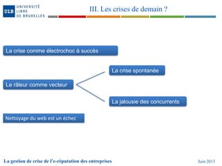 La gestion de crise de l’e-réputation des entreprises Juin 2013
III. Les crises de demain ?
Nettoyage du web est un échec
Le râleur comme vecteur
La crise spontanée
La jalousie des concurrents
La crise comme électrochoc à succès
 