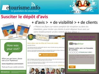 Susciter le dépôt d’avis   + d’avis >  + de visibilité > + de clients « Placez ces flyers sur votre comptoir de réception ou dans les  chambres, pour inciter vos clients à venir déposer leurs avis sur  votre établissement un fois rentrés de leur séjour. » 