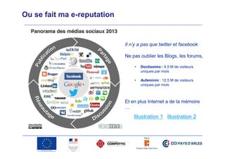 Ou se fait ma e-reputation

Il n’y a pas que twitter et facebook
Ne pas oublier les Blogs, les forums,
•

Doctissimo : 9,5 M de visiteurs
uniques par mois

•

Aufeminin : 12,5 M de visiteurs
uniques par mois

Et en plus Internet a de la mémoire
…

Illustration 1 Illustration 2

 