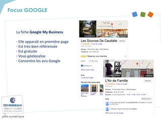 Focus GOOGLE
La fiche Google My Business
- Elle apparaît en première page
- Est très bien référencée
- Est gratuite
- Vous géolocalise
- Concentre les avis Google
 