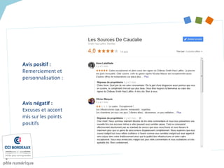 Avis positif :
Remerciement et
personnalisation :
Avis négatif :
Excuses et accent
mis sur les points
positifs
 