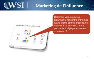 Marketing de l’influence

         Comment vais-je pouvoir
         organiser la rencontre entre mes
         futurs clients et mes produits, ma
         marque à ce moment… sans
         pour autant négliger les autres
         moments…?




                                         10
 