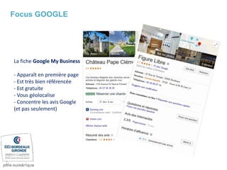 Focus GOOGLE
La fiche Google My Business
- Apparaît en première page
- Est très bien référencée
- Est gratuite
- Vous géolocalise
- Concentre les avis Google
(et pas seulement)
 