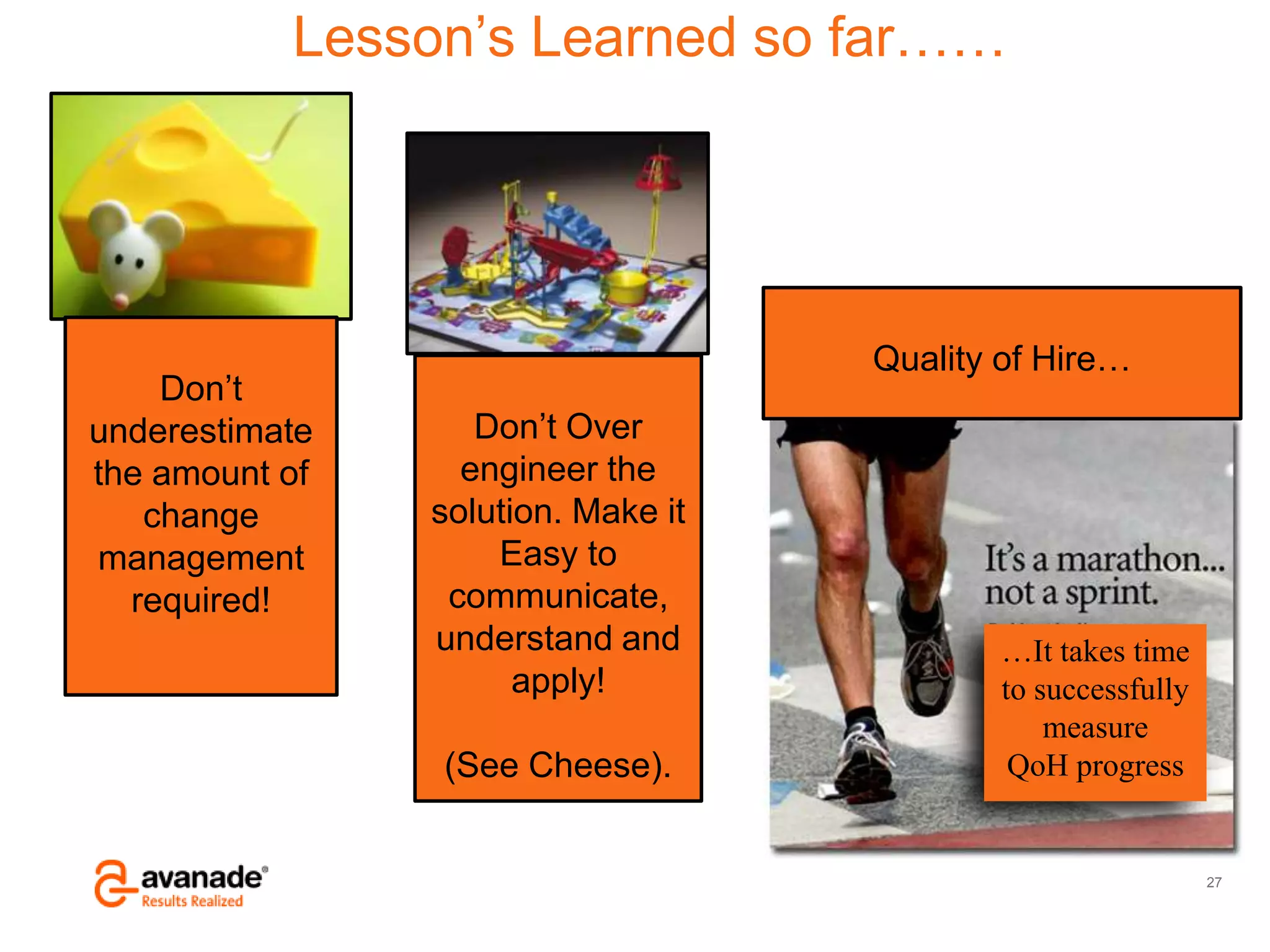 Avanade Confidential – Do Not Copy, Forward or Circulate
© Copyright 2011 Avanade Inc. All Rights Reserved.
Lesson‟s Learned so far……
27
Don‟t
underestimate
the amount of
change
management
required!
Don‟t Over
engineer the
solution. Make it
Easy to
communicate,
understand and
apply!
(See Cheese).
…It takes time
to successfully
measure
QoH progress
Quality of Hire…
 