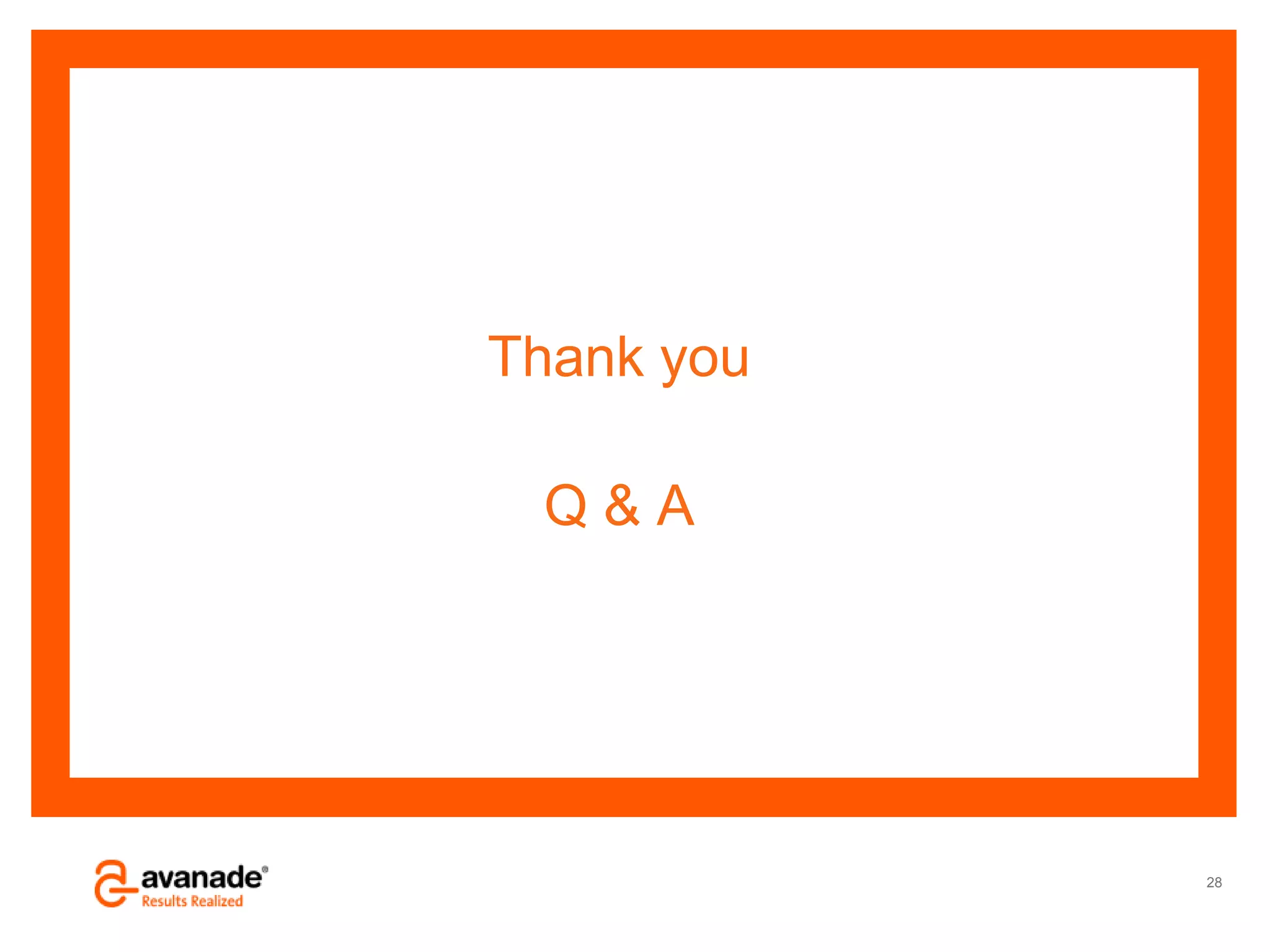 Avanade Confidential – Do Not Copy, Forward or Circulate
© Copyright 2011 Avanade Inc. All Rights Reserved.
28
Thank you
Q & A
 