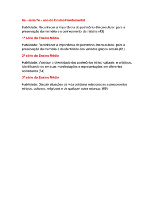 6a - série/7o - ano do Ensino Fundamental
Habilidade: Reconhecer a importância do patrimônio étnico-cultural para a
preservação da memória e o conhecimento da história (43)
1ª série do Ensino Médio
Habilidade: Reconhecer a importância do patrimônio étnico-cultural para a
preservação da memória e da identidade dos variados grupos sociais (61)
2ª série do Ensino Médio
Habilidade: Valorizar a diversidade dos patrimônios étnico-culturais e artísticos,
identificando-os em suas manifestações e representações em diferentes
sociedades (64)
3ª série do Ensino Médio
Habilidade: Discutir situações da vida cotidiana relacionadas a preconceitos
étnicos, culturais, religiosos e de qualquer outra natureza (69)
 