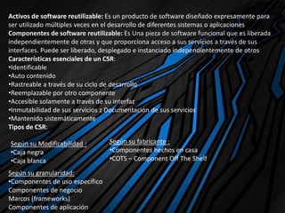 Activos de software reutilizable: Es un producto de software diseñado expresamente para
ser utilizado múltiples veces en el desarrollo de diferentes sistemas o aplicaciones
Componentes de software reutilizable: Es Una pieza de software funcional que es liberada
independientemente de otras y que proporciona acceso a sus servicios a través de sus
interfaces. Puede ser liberado, desplegado e instanciado independientemente de otros
Características esenciales de un CSR:
•Identificable
•Auto contenido
•Rastreable a través de su ciclo de desarrollo
•Reemplazable por otro componente
•Accesible solamente a través de su interfaz
•Inmutabilidad de sus servicios z Documentación de sus servicios
•Mantenido sistemáticamente
Tipos de CSR:
Según su Modificabilidad :
•Caja negra
•Caja blanca
Según su granularidad:
•Componentes de uso específico
Componentes de negocio
Marcos (frameworks)
Componentes de aplicación
Según su fabricante :
•Componentes hechos en casa
•COTS – Component Off The Shelf
 