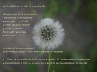 A través de toda  mi vida, he aprendido algo: Yo decido ser feliz y lo demás son  "experiencias o circunstancias",  como ayudar, comprender,  aceptar, escuchar, consolar, y junto a mi esposo lo he vivido y practicado tantas veces…  La felicidad siempre se apoyará  en el verdadero perdón  y en el amor así mismo y a los demás. - …No es responsabilidad de mi esposo hacerme feliz... Él también tiene sus “experiencias o circunstancias”, lo amo y el me ama, muy a pesar de sus circunstancias y de las mías. 
