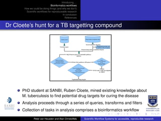 Introducing. . .
Bioinformatics workﬂows
How we could be doing things (and why we don’t)
Scientiﬁc workﬂows for reproduceable research
In conclusion
References
Dr Cloete’s hunt for a TB targetting compound
PhD student at SANBI, Ruben Cloete, mined existing knowledge about
M. tuberculosis to ﬁnd potential drug targets for curing the disease
Analysis proceeds through a series of queries, transforms and ﬁlters
Collection of tasks in analysis comprises a bioinformatics workﬂow
Peter van Heusden and Alan Christoffels Scientiﬁc Workﬂow Systems for accessible, reproducible research
 