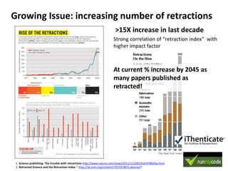Growing Issue: increasing number of retractions
>15X increase in last decade
Strong correlation of “retraction index” with...