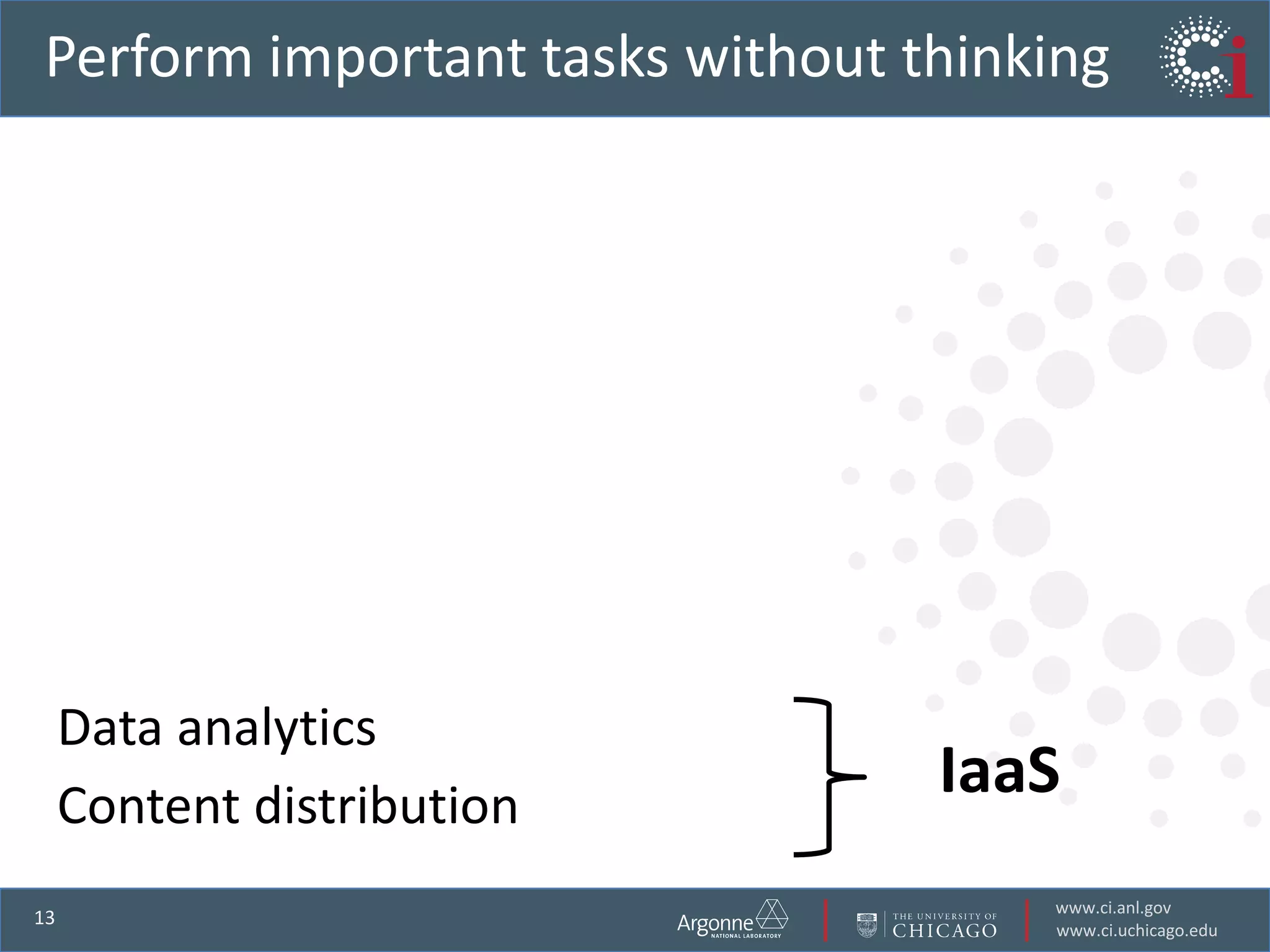 Perform important tasks without thinking Web presenceEmail (hosted Exchange)Calendar Telephony (hosted VOIP) Human resources and payroll Accounting Customer relationship mgmt Data analytics Content distributionIaaS