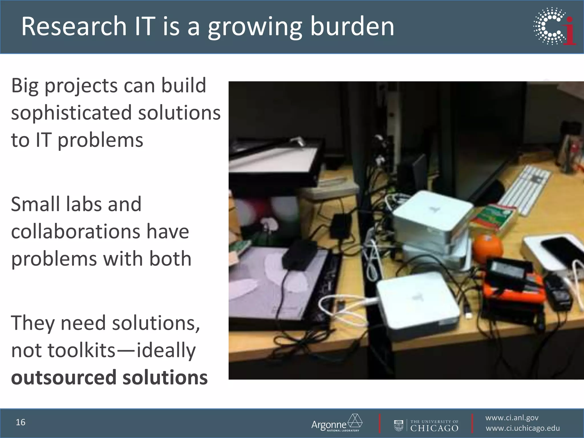 Research IT is a growing burdenBig projects can build sophisticated solutions to IT problemsSmall labs and collaborations have problems with bothThey need solutions, not toolkits—ideally outsourced solutions