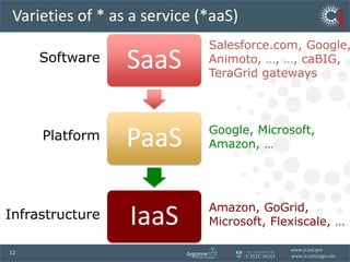 Salesforce.com, Google,Animoto, …, …, caBIG,TeraGrid gatewaysSoftwareGoogle, Microsoft, Amazon, …PlatformAmazon, GoGrid,Microsoft, Flexiscale, …InfrastructureVarieties of * as a service (*aaS)