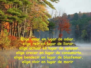 Elige amar en lugar de odiar,
elige reír en lugar de llorar,
elige actuar en lugar de aplazar,
elige crecer en lugar de consumirte,
elige bendecir en lugar de blasfemar,
elige vivir en lugar de morir.
 
