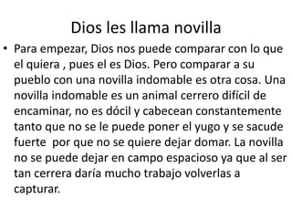 Dios les llama novilla 
• Para empezar, Dios nos puede comparar con lo que 
el quiera , pues el es Dios. Pero comparar a su 
pueblo con una novilla indomable es otra cosa. Una 
novilla indomable es un animal cerrero difícil de 
encaminar, no es dócil y cabecean constantemente 
tanto que no se le puede poner el yugo y se sacude 
fuerte por que no se quiere dejar domar. La novilla 
no se puede dejar en campo espacioso ya que al ser 
tan cerrera daría mucho trabajo volverlas a 
capturar. 
 