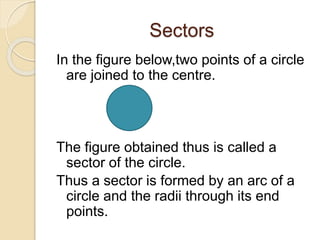 Sectors 
In the figure below,two points of a circle 
are joined to the centre. 
The figure obtained thus is called a 
sector of the circle. 
Thus a sector is formed by an arc of a 
circle and the radii through its end 
points. 
 