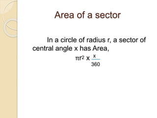 Area of a sector 
In a circle of radius r, a sector of 
central angle x has Area, 
πr2 x x 
360 
 