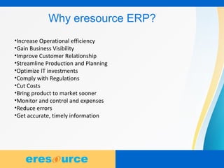 3
Why eresource ERP?
•Increase Operational efficiency
•Gain Business Visibility
•Improve Customer Relationship
•Streamline Production and Planning
•Optimize IT investments
•Comply with Regulations
•Cut Costs
•Bring product to market sooner
•Monitor and control and expenses
•Reduce errors
•Get accurate, timely information
 