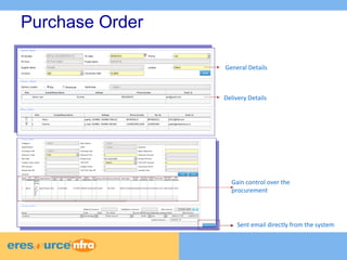 Purchase Order 
General Details 
Delivery Details 
Gain control over the 
procurement 
Sent email directly from the system 
 
