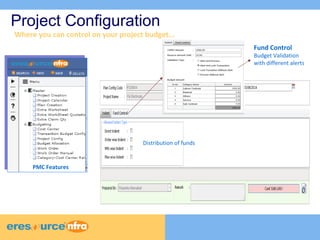 Project Configuration 
Where you can control on your project budget... 
Distribution of funds 
Fund Control 
Budget Validation 
with different alerts 
PMC Features 
 