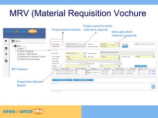 MRV (Material Requisition Vochure 
Project General Details 
SEP Features 
Project Item Details 
Details 
Project name for which 
material is required 
Date upto which 
material is required 
 