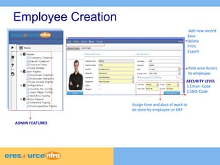 Employee Creation 
Add new record 
Save 
Delete 
Print 
Export 
SECURITY LEVEL 
1.Email- Code 
2.SMS-Code 
Assign time and days of work to 
be done by employee on ERP 
ADMIN FEATURES 
Role wise Access 
to employee 
 