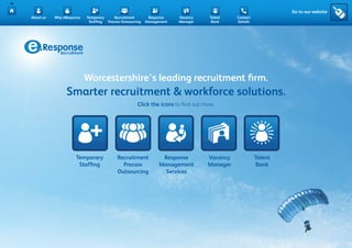 Go to our website
About us   Why eResponse   Temporary     Recruitment        Response    Vacancy      Talent   Contact
                            Staffing Process Outsourcing   Management   Manager       Bank    Details




                           Worcestershire’s leading recruitment firm.
                 Smarter recruitment & workforce solutions.
                                                      Click the icons to find out more.




                     Temporary             Recruitment            Response          Vacancy             Talent
                      Staffing               Process             Management         Manager              Bank
                                           Outsourcing             Services
 