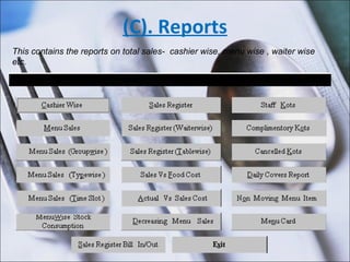 (C). Reports This contains the reports on total sales-  cashier wise, menu wise , waiter wise etc.   