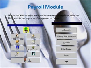 Payroll Module The payroll module helps in proper maintenance of employee accounts. The menu for the payroll module appears as below:  