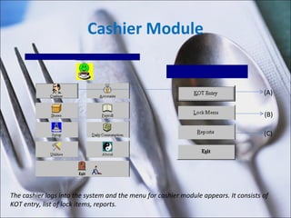 Cashier Module The cashier logs into the system and the menu for cashier module appears. It consists of  KOT entry, list of lock items, reports. (A) (B) (C) 